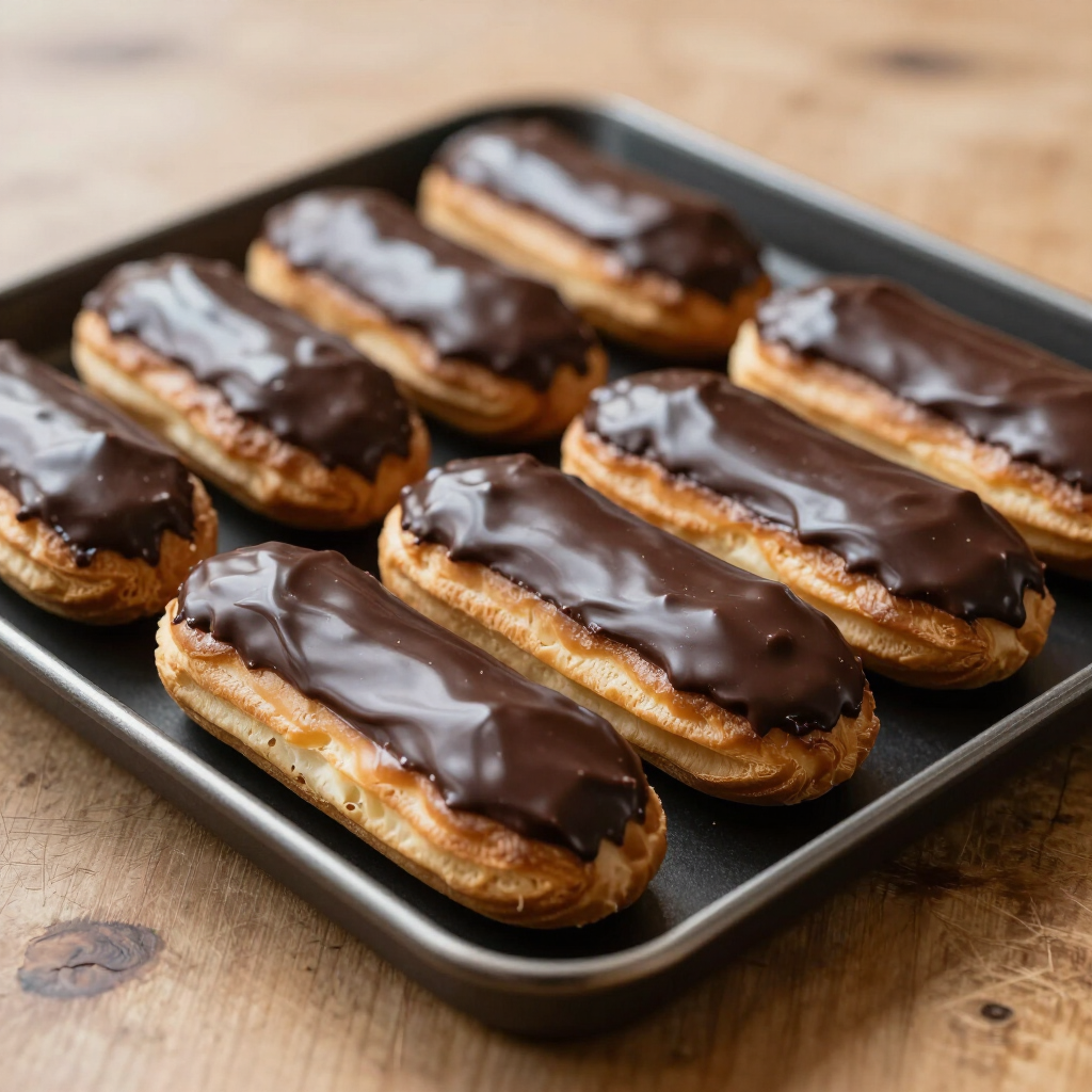 Een schaal met met chocolade geglazuurde éclairs op een houten tafel.