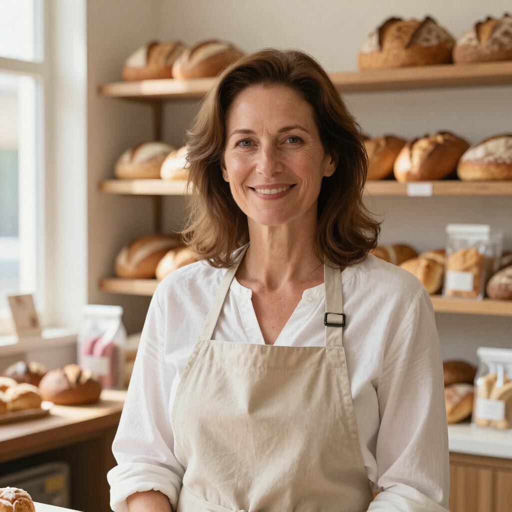 Een bakker in een wit schort lacht in een bakkerij met planken vol vers brood achter zich.