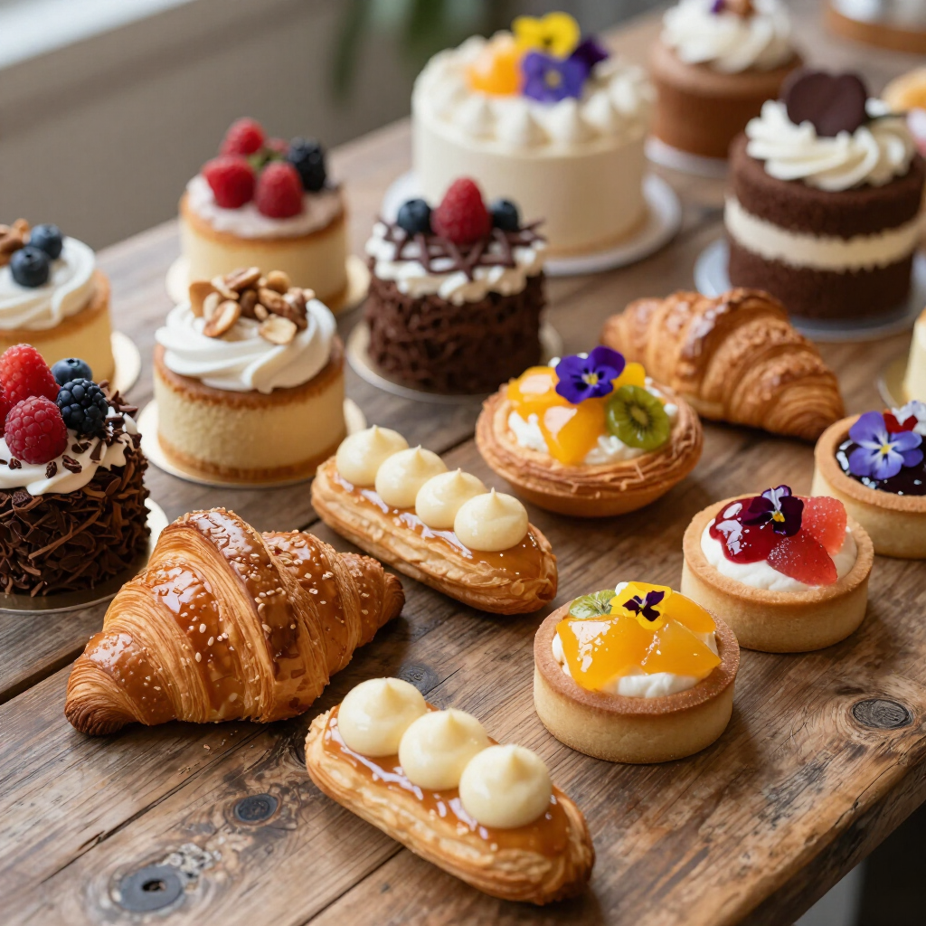 Diverse gebakjes en croissants met slagroom en fruit op een houten tafel.