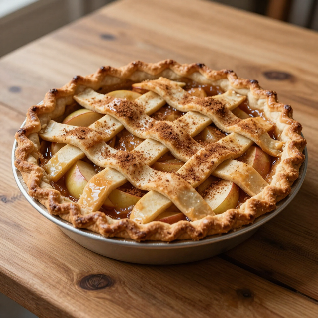 Appeltaart met een rasterpatroon in een glazen schaal op een houten tafel, goudbruin en vers gebakken.