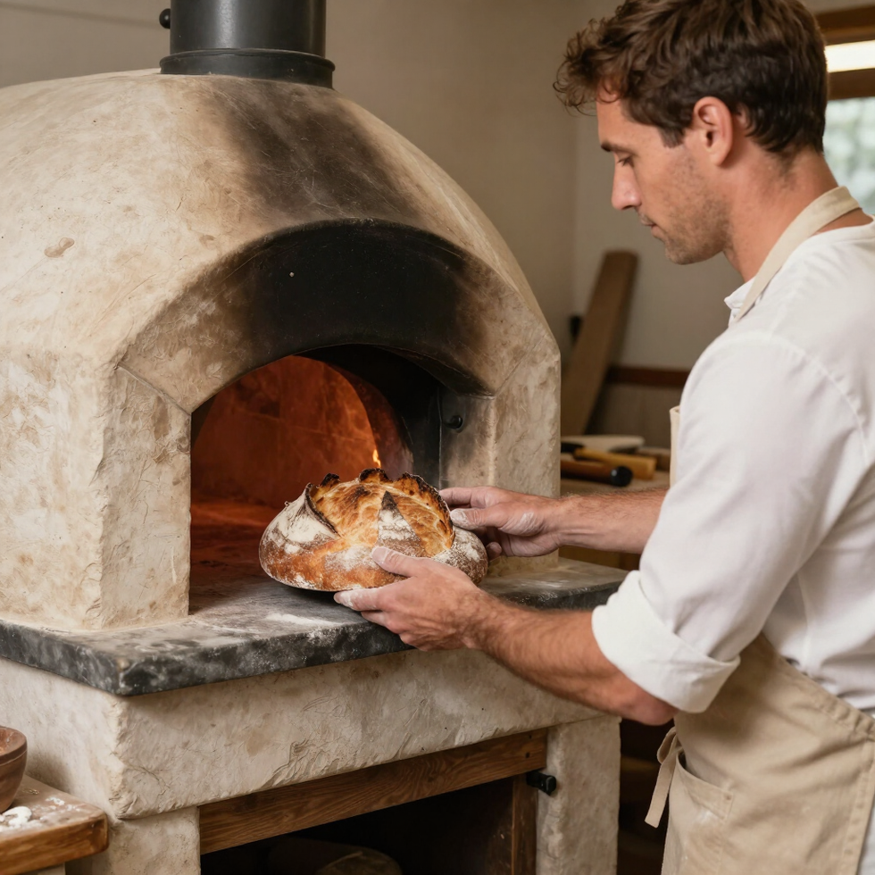 Iemand die een brood in een stenen oven plaatst.