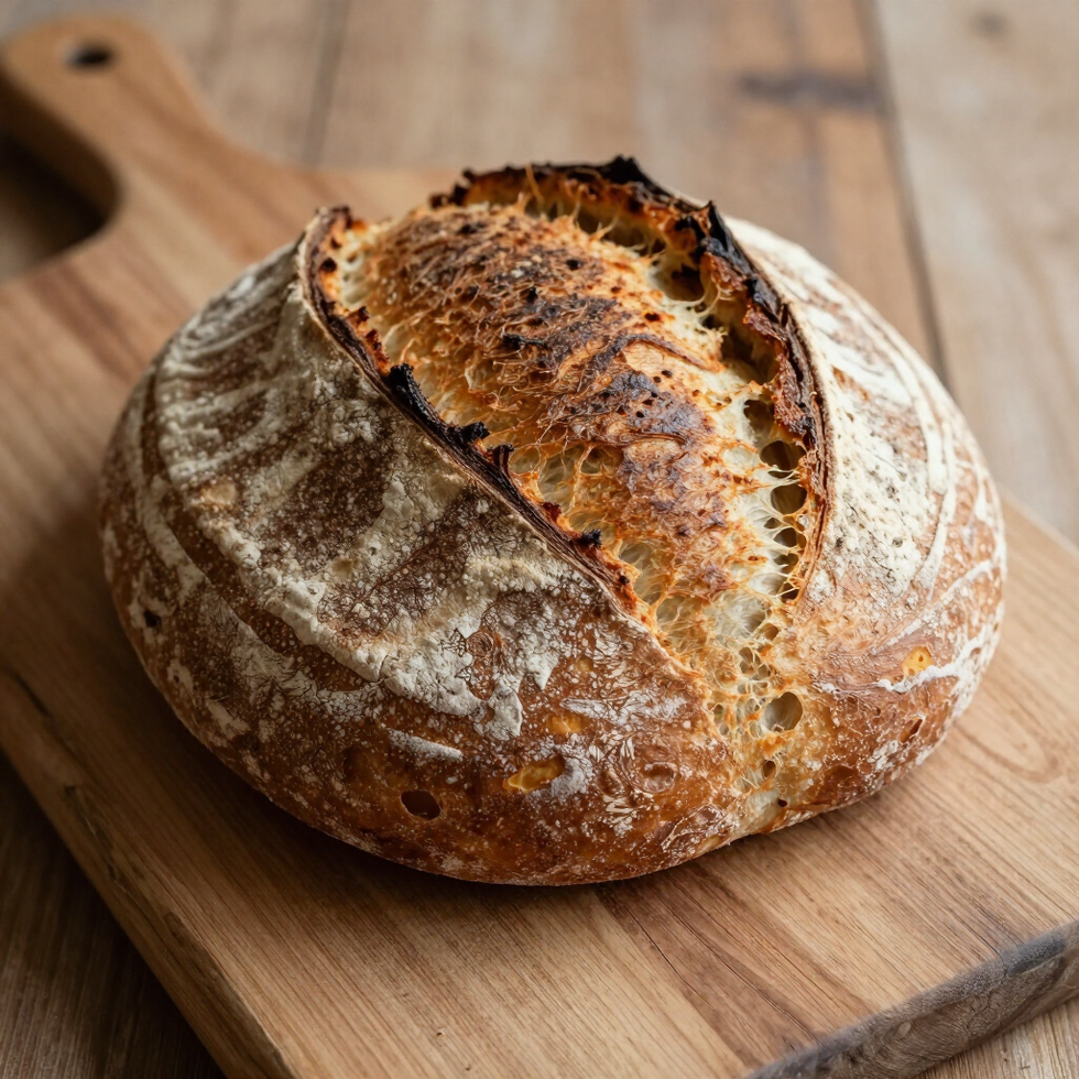 Een rustiek rond brood met een knapperige korst op een houten snijplank.