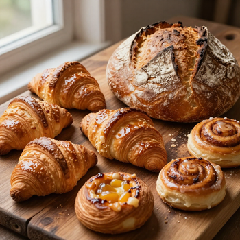 Diverse verse gebakjes en croissants op een houten plank bij een raam.