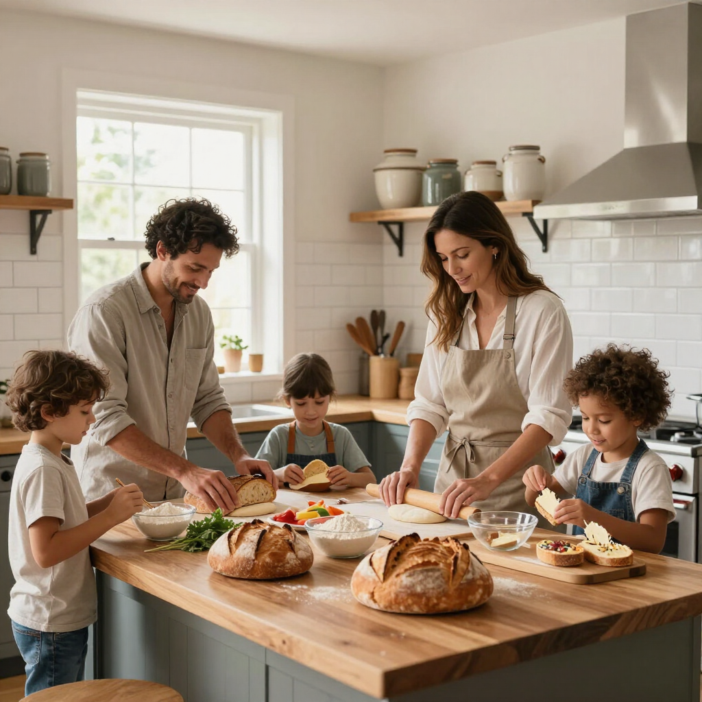 Een gezin bereidt samen eten in een lichte keuken rond een houten kookeiland met brood en groenten.