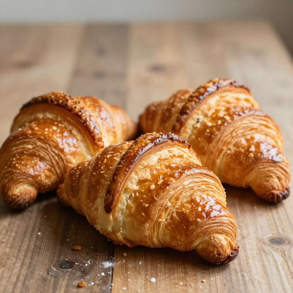 Drie goudbruine croissants op een houten tafel, bestrooid met suiker.