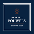 Logo voor Bakkerij Pouwels: witte tekst op een donkerblauwe achtergrond met een bruin tarwe-icoon en een bruine rand.