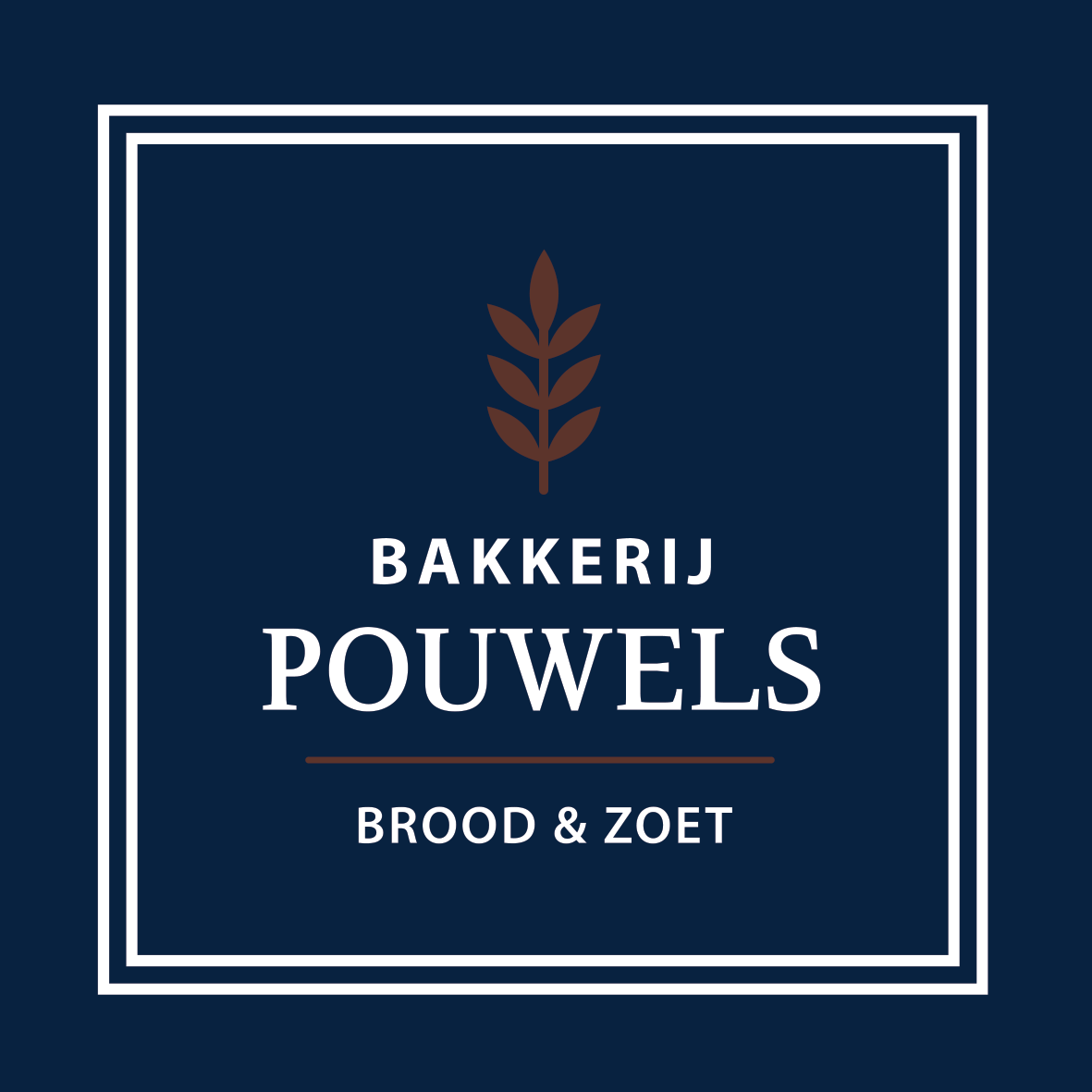 Logo voor Bakkerij Pouwels: witte tekst op een donkerblauwe achtergrond met een bruin tarwe-icoon en een bruine rand.