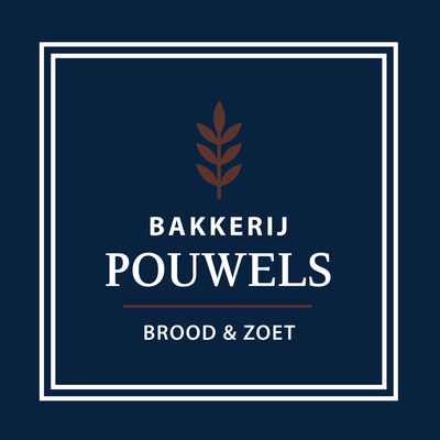 Logo voor Bakkerij Pouwels: witte tekst op een donkerblauwe achtergrond met een bruin tarwe-icoon en een bruine rand.