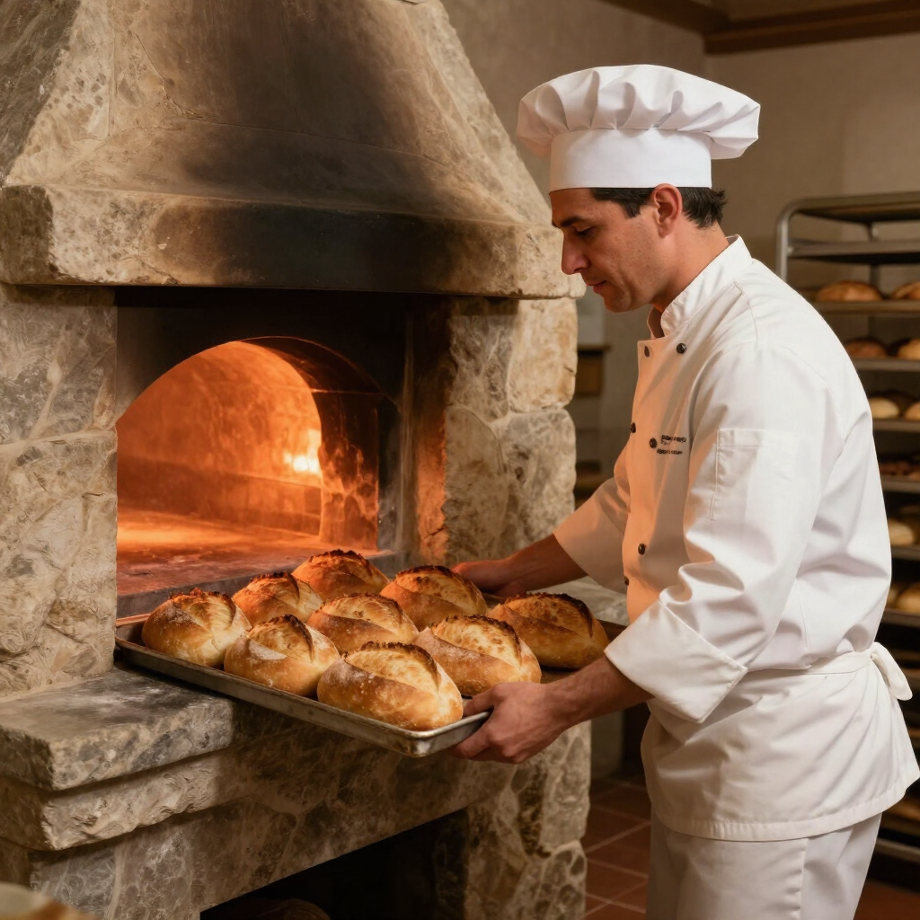De chef-kok plaatst een dienblad met versgebakken brood in een houtgestookte oven.