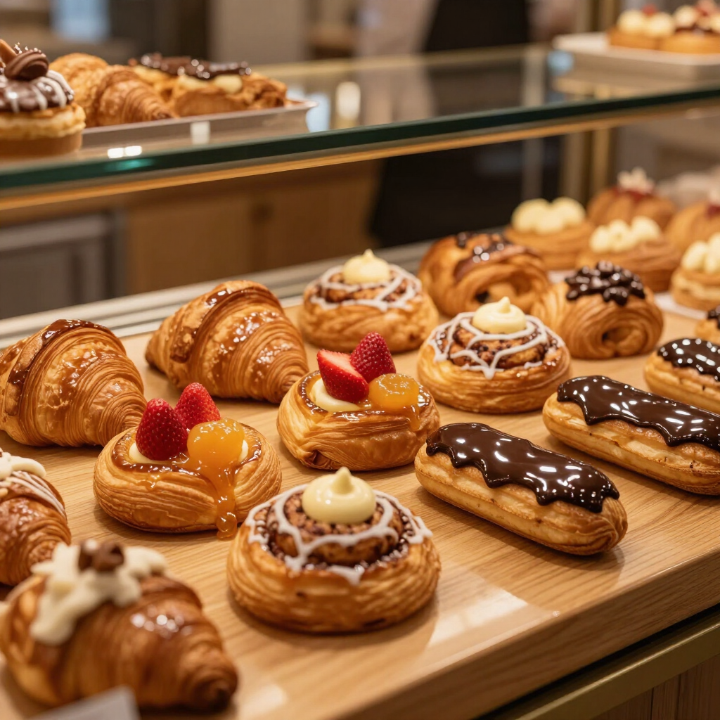 Diverse geglazuurde gebakjes en met fruit bedekte snoepjes uitgestald op houten schalen in een vitrine.