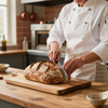 Een chef-kok snijdt een knapperig brood op een houten snijplank in de keuken.