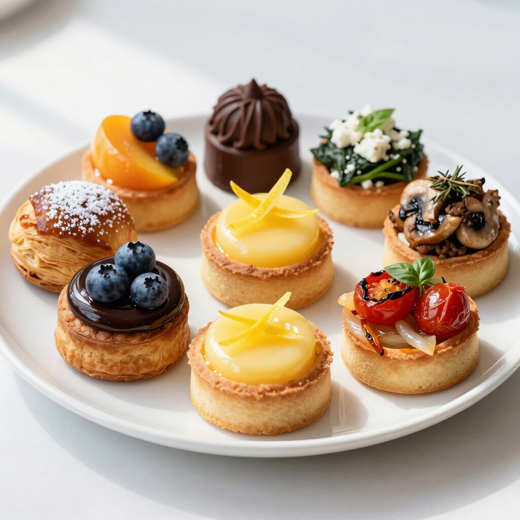 Diverse mini-taartjes met fruit en bladerdeeg op een wit bord.