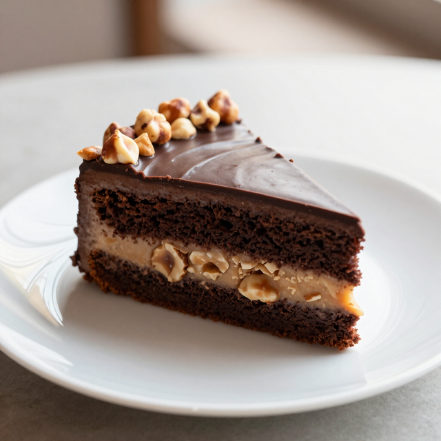 Een plak chocoladetaart met karamelvulling en hazelnoten op een wit bord.