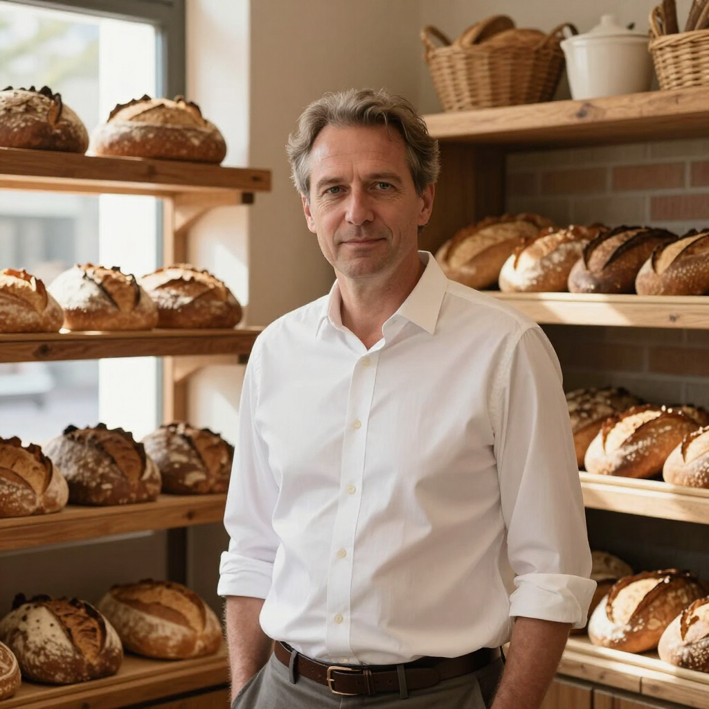 Een bakker staat in een bakkerij naast schappen vol met verschillende soorten brood.