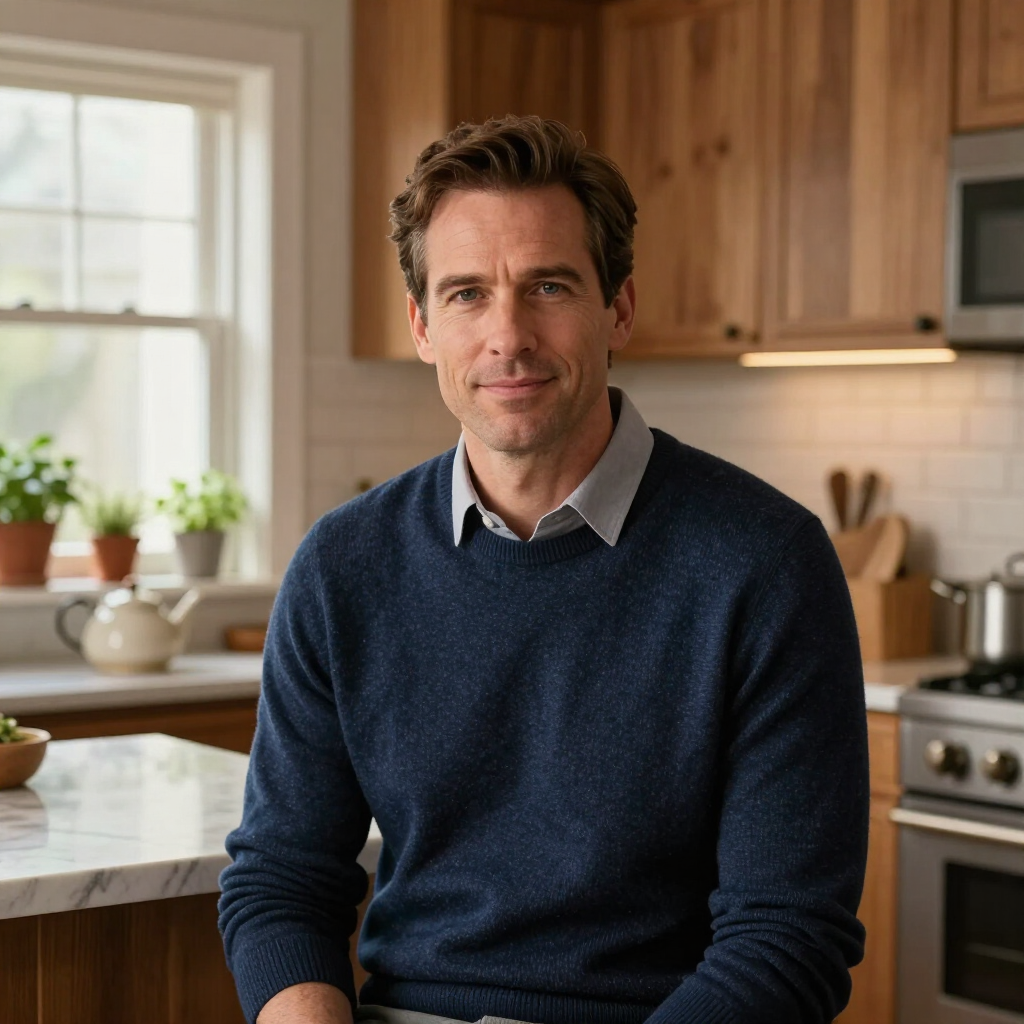 Een man in een donkerblauwe trui zit in een lichte keuken met houten kastjes en een witte tegelachterwand.