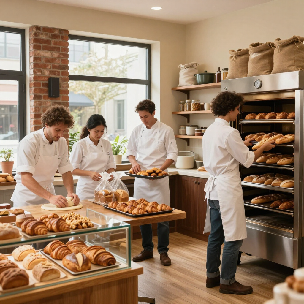 Bakkerijmedewerkers in witte uniformen schikken vers brood en gebak in een lichte winkel.