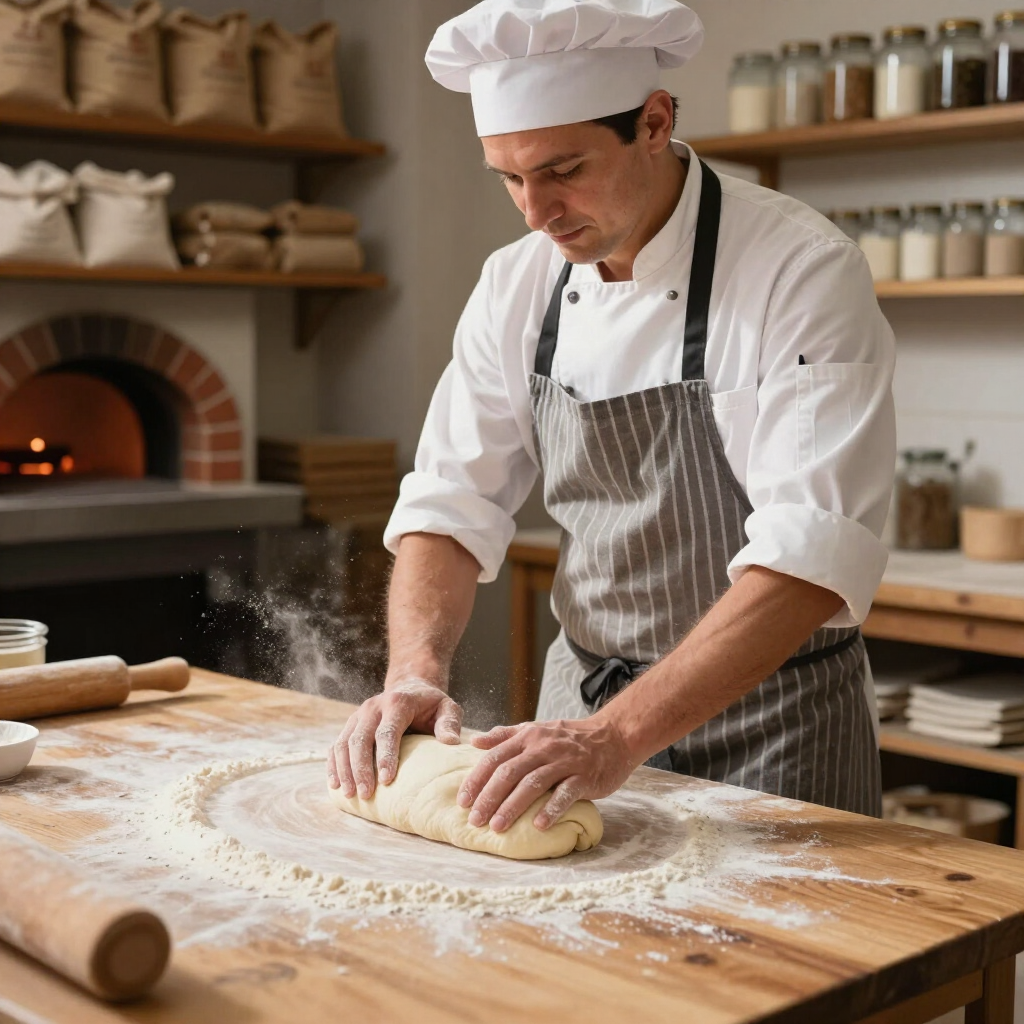 Een chef-kok kneedt deeg op een met bloem bestrooid houten tafelblad in de keuken van een bakkerij.