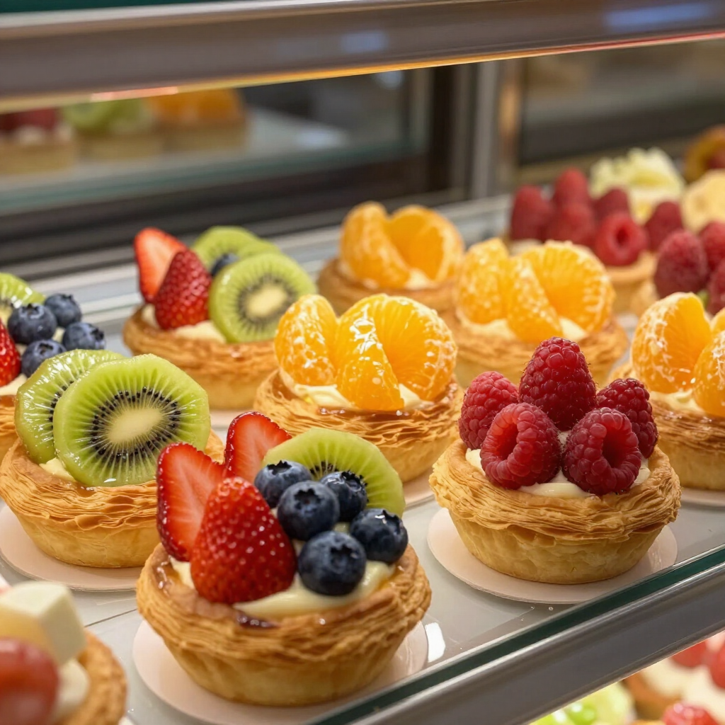 Een assortiment fruittaartjes met kiwi, aardbeien, bosbessen, frambozen en sinaasappelschijfjes in een vitrine.