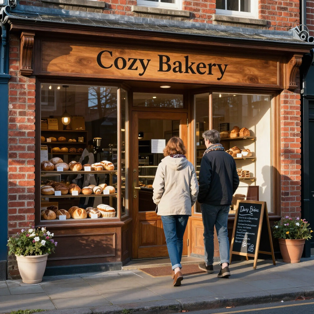 Twee mensen betreden de winkel van Cozy Bakery, waar gebak in de etalage staat uitgestald.
