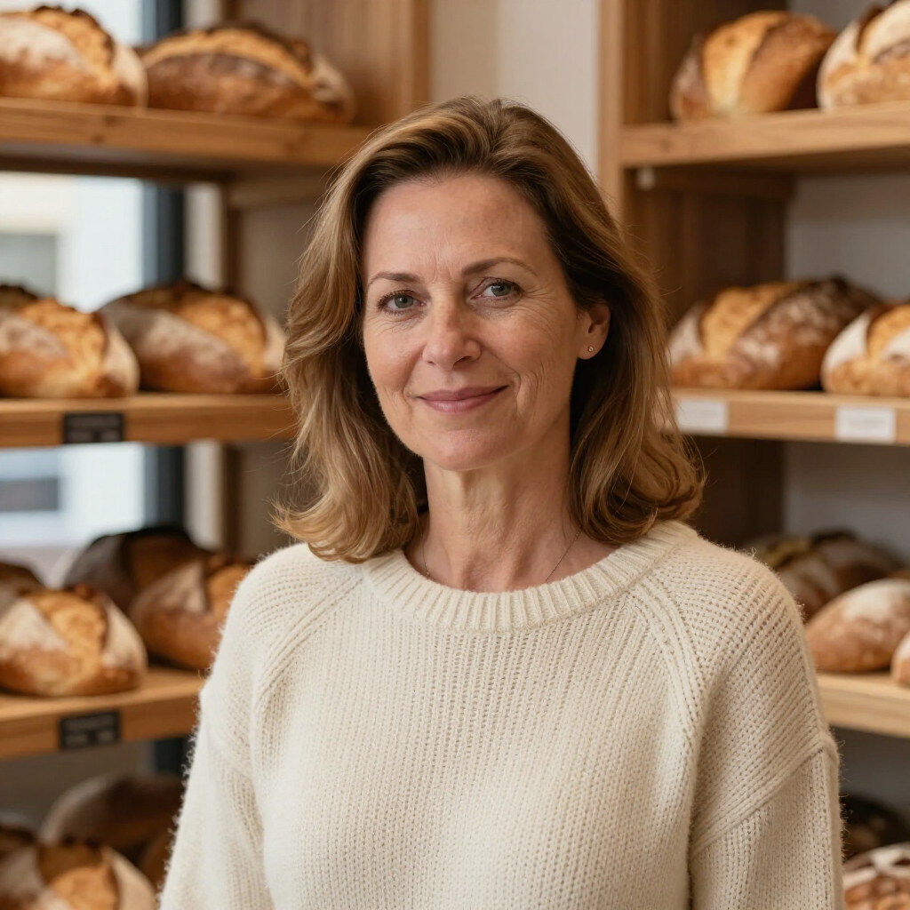 Vrouw in een crèmekleurige trui staat in een bakkerij met schappen vol versgebakken brood.