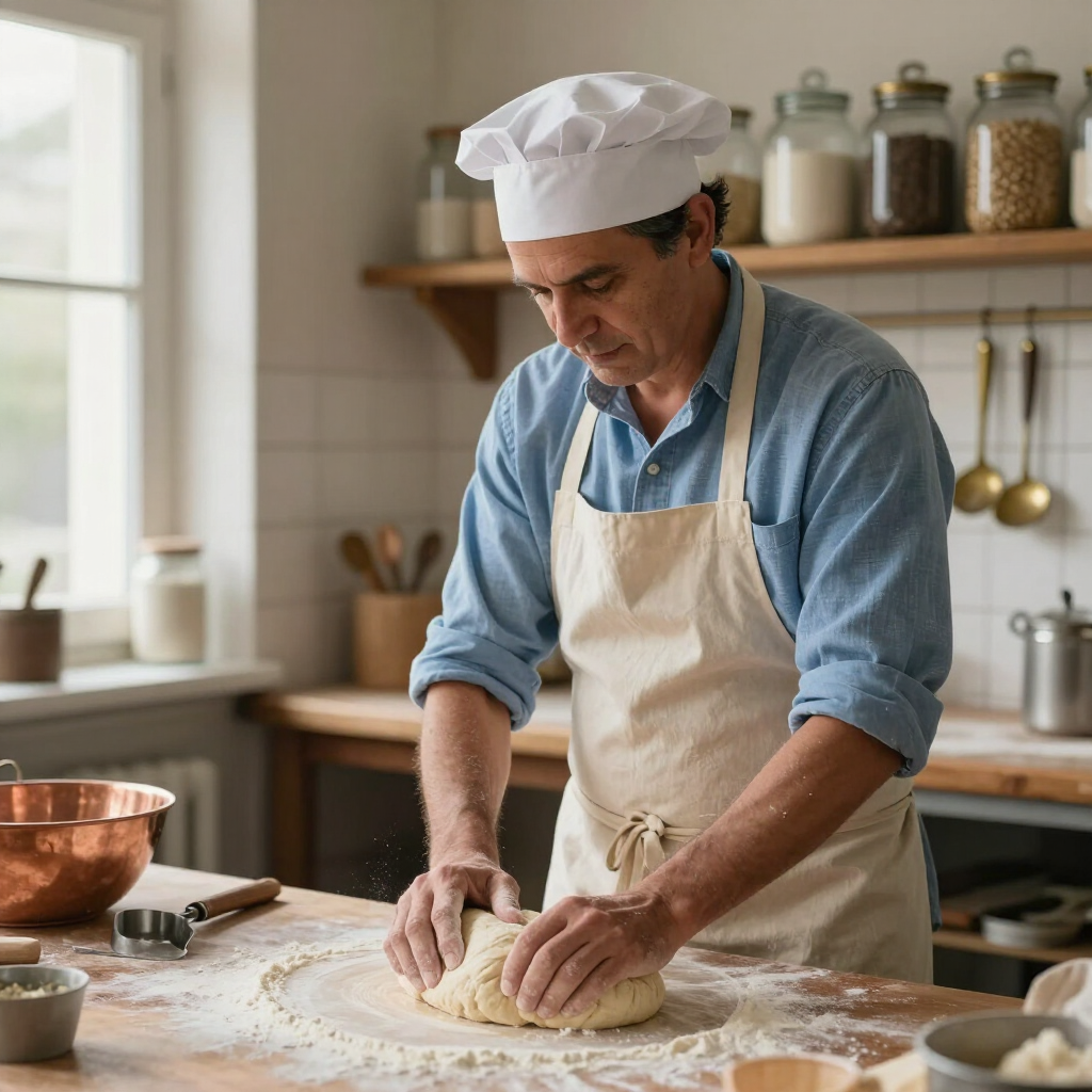Een chef-kok kneedt deeg op een met bloem bestrooid aanrecht in een lichte thuiskeuken.