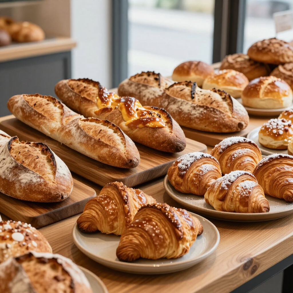Diverse soorten versgebakken brood en gebak uitgestald op houten schalen in een lichte bakkerij.