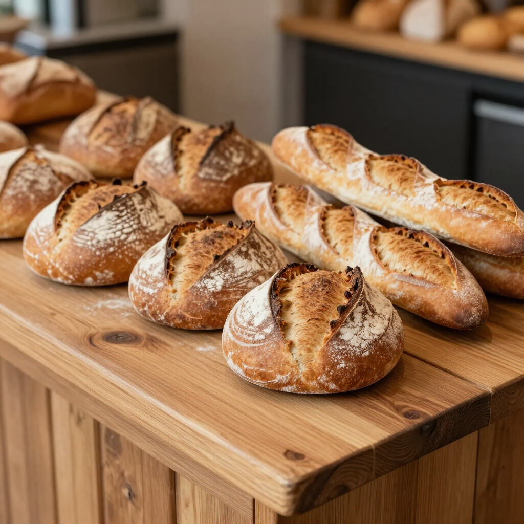 Diverse rustieke broden op een houten tafel in een keuken.