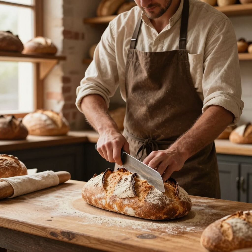 Een bakker snijdt een knapperig brood op een met bloem bestrooid tafelblad in een warme bakkerijkeuken.