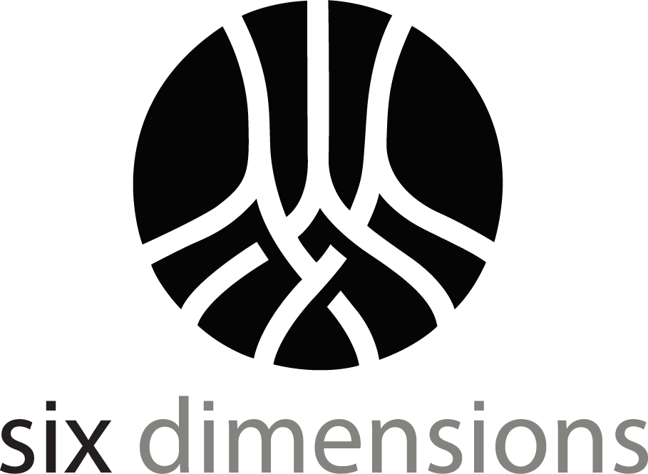 A black and white logo for six dimensions with a peace sign in the center.