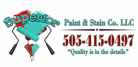 Superior Paint & Stain Co. LLC logo with turquoise paint roller, red phone number, and slogan