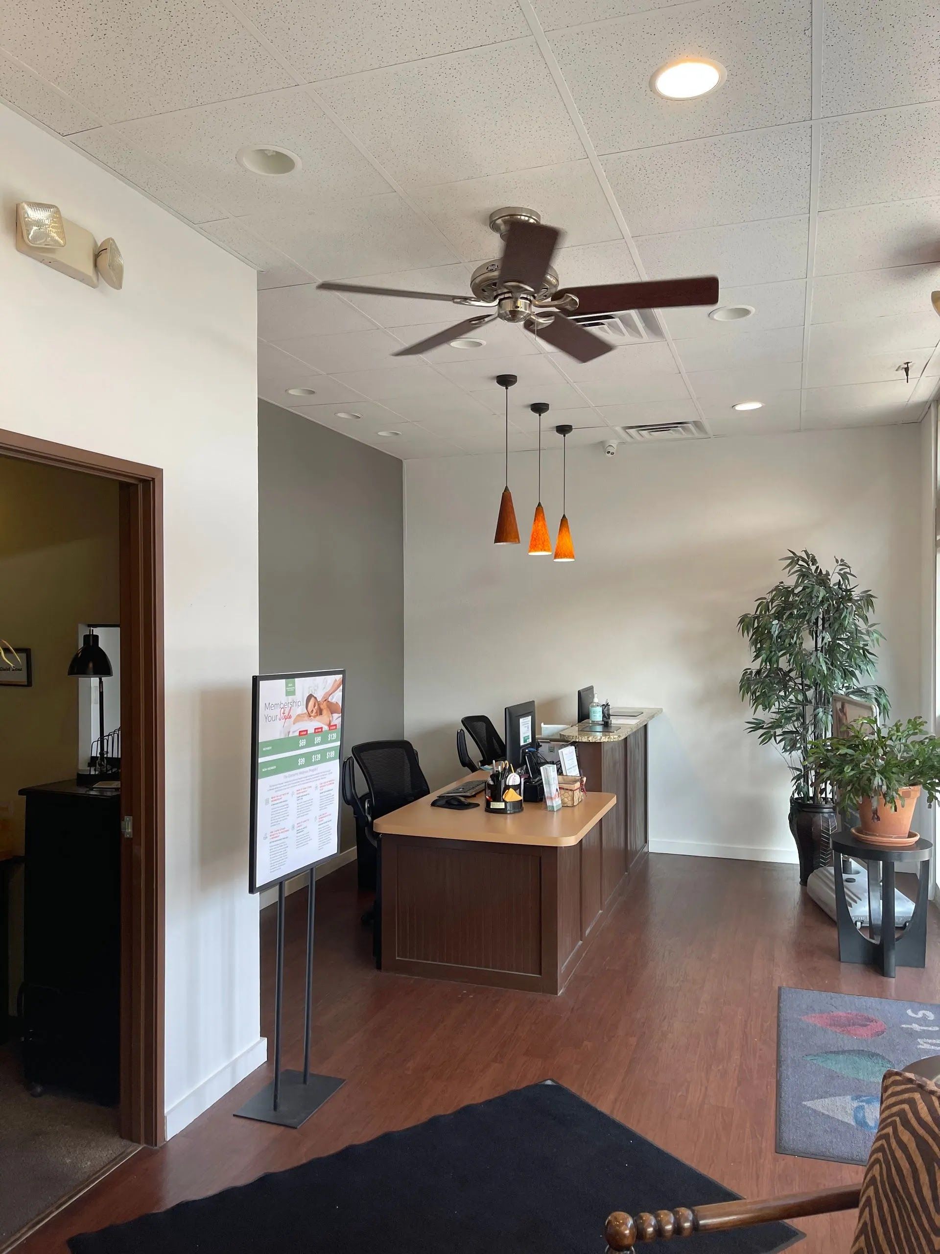Bright office lobby with desk, chairs, ceiling fan, plants, and dark wood floor