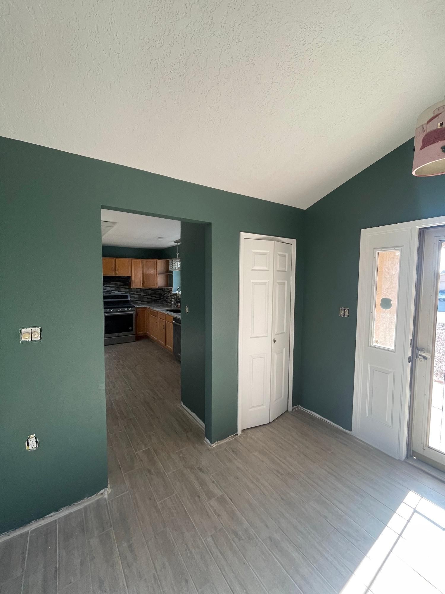 Empty room with green walls, gray floor, white closet, and a doorway to a kitchen.