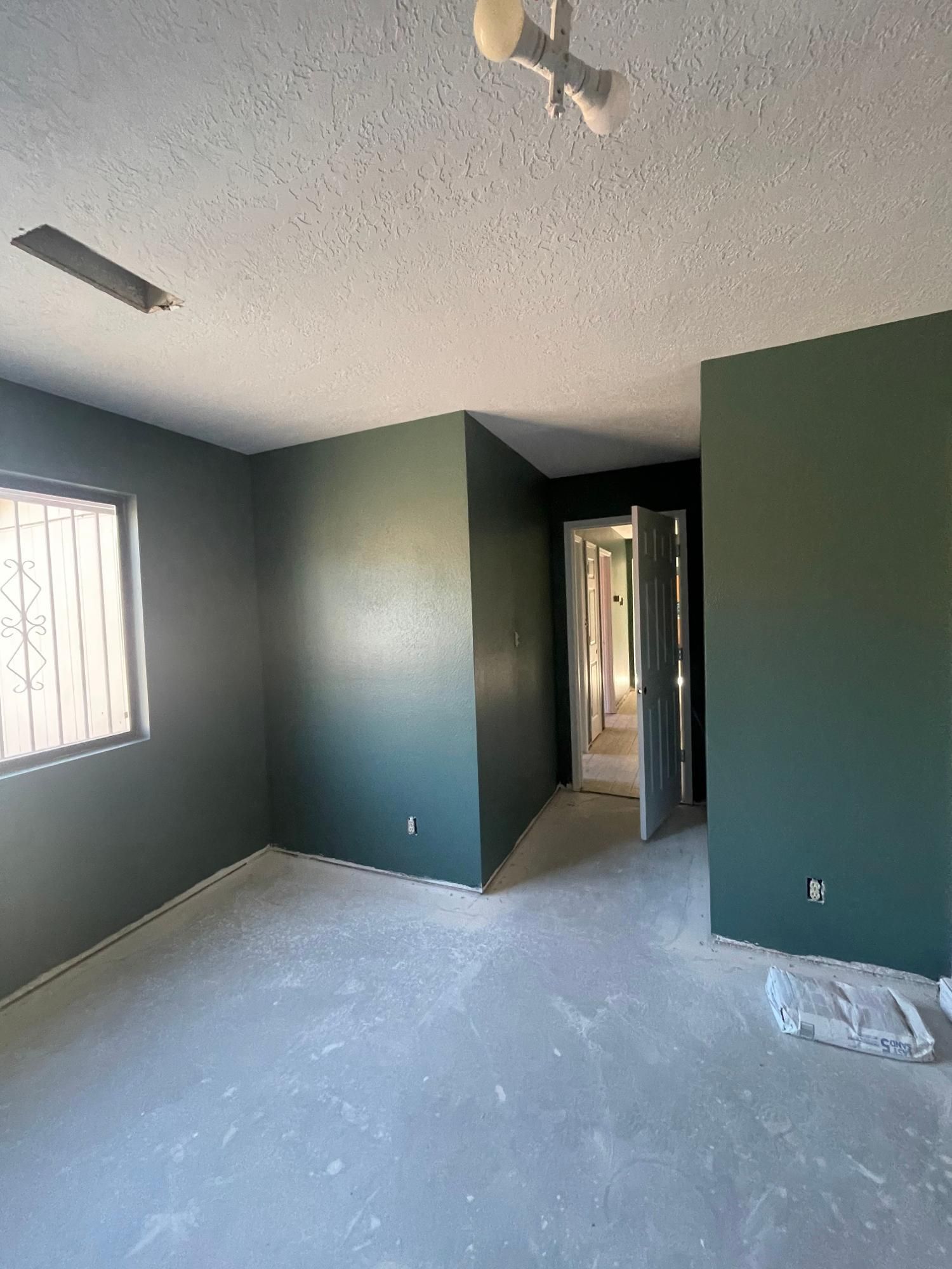 Empty room with dark green walls, white ceiling, and a doorway leading to a hallway.