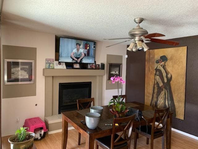 Living room with fireplace, dining table, TV, ceiling fan, and large wall art; pink orchid on table