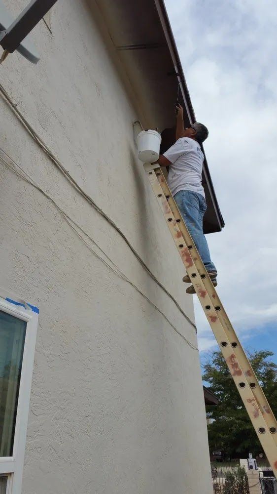 Person on a ladder painting an exterior wall under the eaves