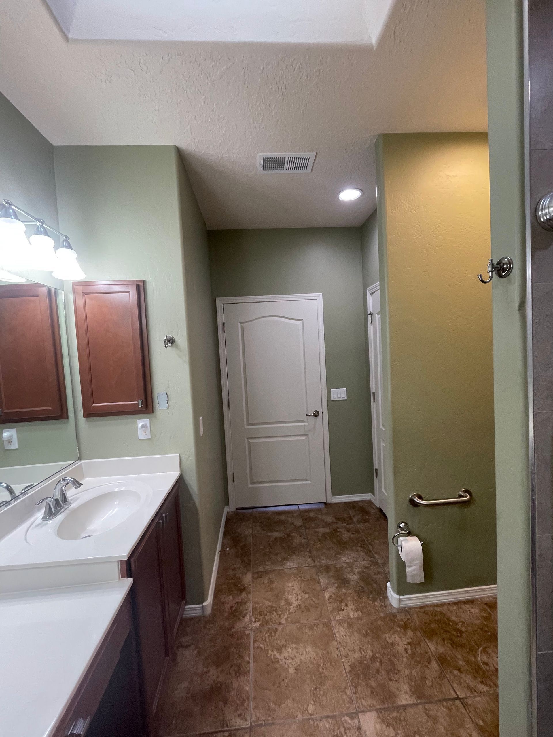 Bathroom interior with double sink vanity, green walls, and white door at the back.