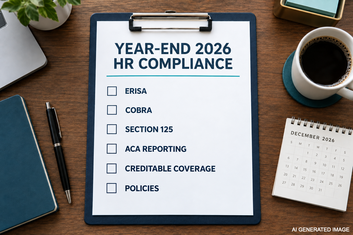 Clipboard checklist titled “Year-End 2026 HR Compliance” on a desk with coffee and notebook