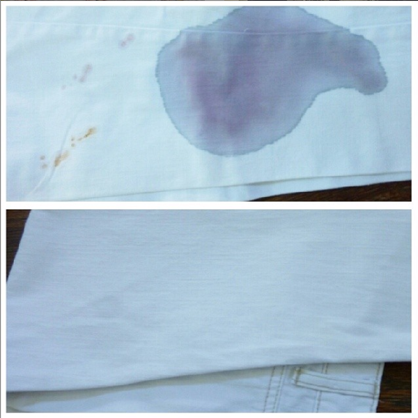 White cloth with a large purple stain, shown above and below in two close-up views.