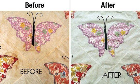 Before-and-after of a pink butterfly embroidered patch, with brighter colors and clearer details after.