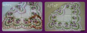 Two decorative floral lace designs on pink and green backgrounds, shown side by side.