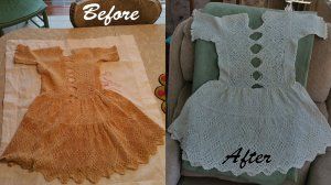 Before-and-after of a peach dress refashioned into a mint green dress with front buttons and ruffled hem