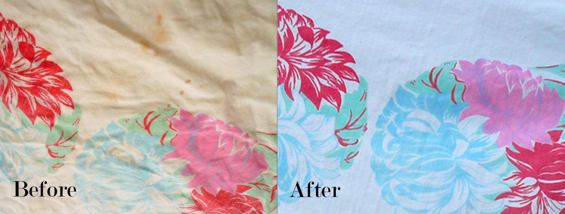 Before-and-after fabric close-up: faded cream and pink floral cloth compared with brighter blue and pink colors.