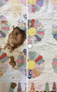 Stained floral quilt with a large brown spill on the left side.