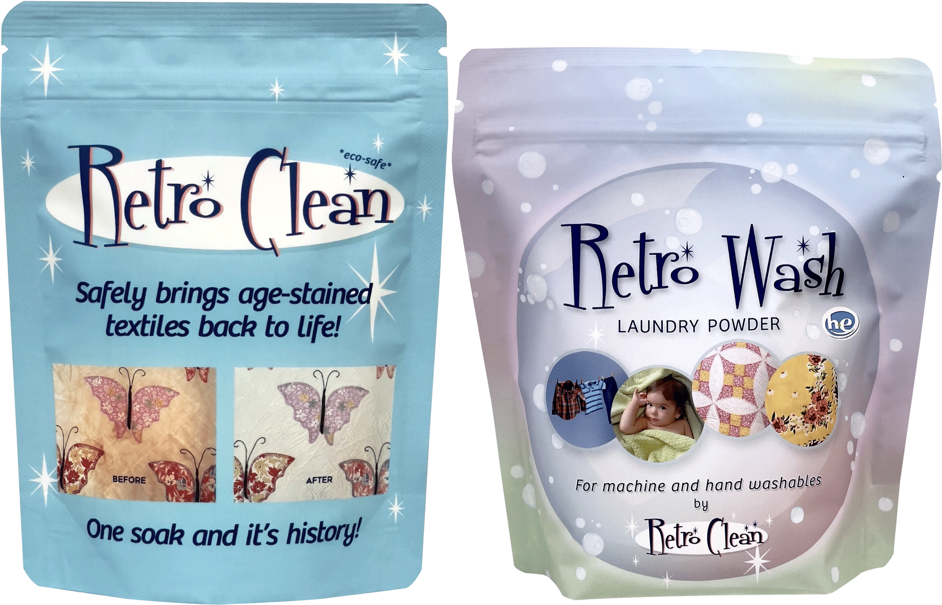 Two Retro Clean and Retro Wash laundry pouches, blue and lavender, on a white background