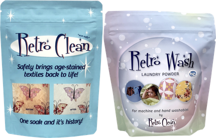 Two Retro Clean and Retro Wash laundry pouches, blue and lavender, on a white background