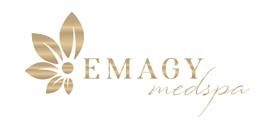 Business logo for Emagy Medspa is a gold flower with leaves.