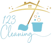 123 Cleaning logo with gold house roof, blue mop bucket and duster, and light blue script text