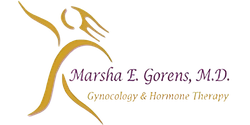 Logo for Marsha E. Gorens, M.D. with a golden stylized figure and text "Gynecology & Hormone Therapy".