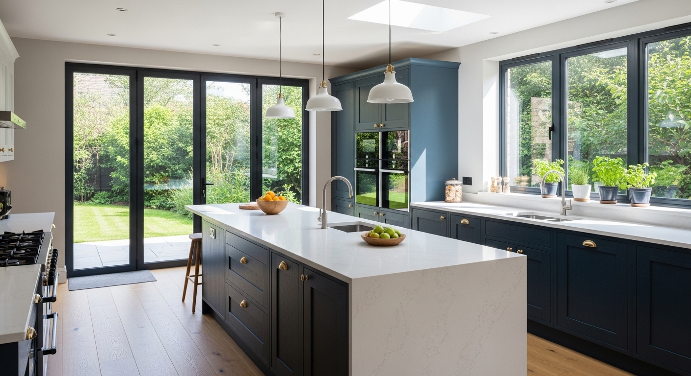 A modern kitchen with a large white island, dark blue cabinetry, wood flooring, and large windows looking out to a garden.