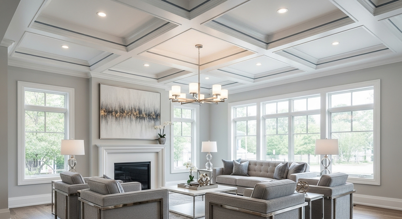 A bright, neutral-toned living room with a coffered ceiling, gray furniture, a fireplace, and a large chandelier.